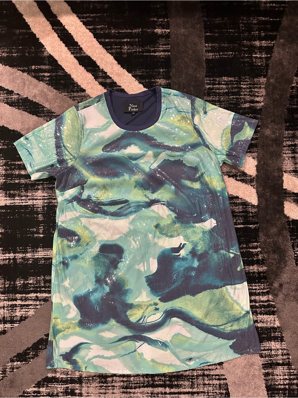 Womens Teal & Navy Abstract Sequin T-shirt Dress